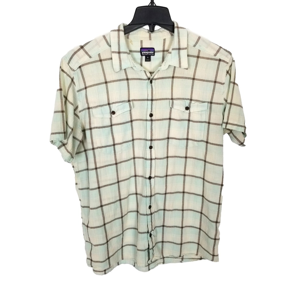 Patagonia Men's Steersman Short Sleeve Button Down Shirt‎ Sz XL Organic Cotton